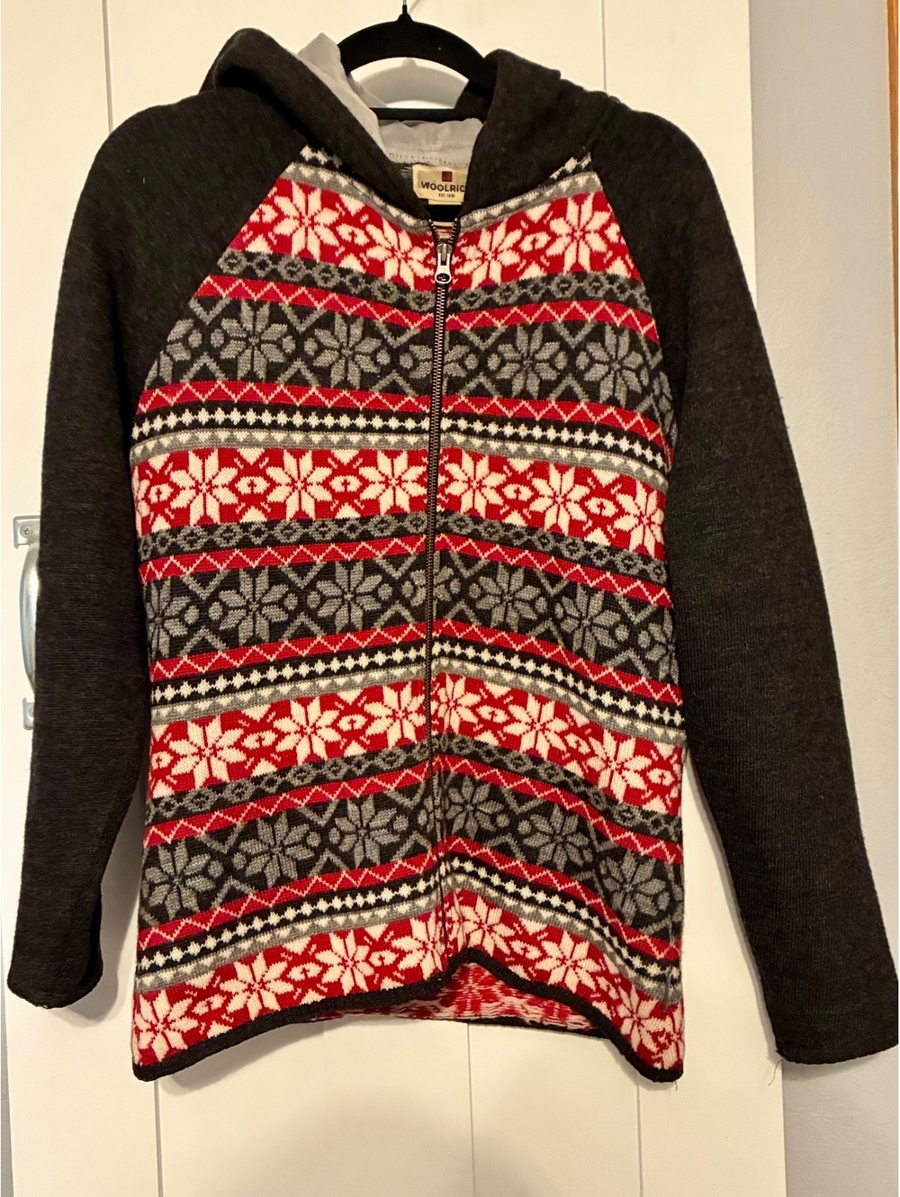 Woolrich Women's Fair Isle Full-Zip Hoodie Sweater Size Large Gray Red Nordic
